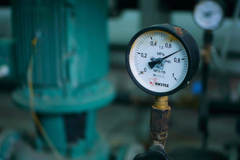 Close up of high-pressure industrial barometers in a hydraulic system. Clip. Barometer at the